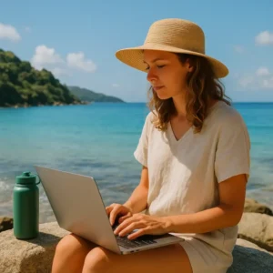 Eco-Friendly Digital Nomadism: A woman works remotely by the ocean with a laptop and reusable bottle, embracing a sustainable remote work lifestyle.