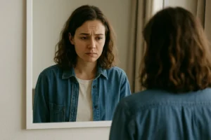 A young woman with a tired, emotional expression stares at herself in the mirror, wearing a denim shirt and white T-shirt, reflecting the inner struggle of perfectionism and self-doubt in a quiet, softly lit room. Why Trying to Be Perfect Was Making Me Sick — And What I Did Instead