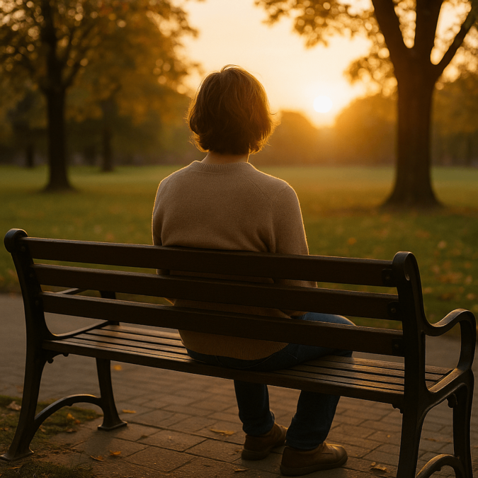 A person sitting alone on a park bench during golden hour, surrounded by warm light and autumn trees, symbolizing reflection, emotional calm, and the quiet courage of allowing joy to return.
