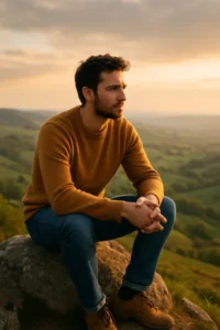 Why I Stopped Chasing Big Goals A man in a mustard sweater and jeans sits thoughtfully on a rock, overlooking rolling green hills at sunset, symbolizing calm and reflection