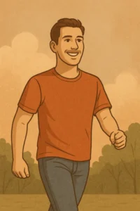 A confident young man walking outdoors with a smile, radiating positivity and self-assurance, set against a soft natural background of trees and clouds.