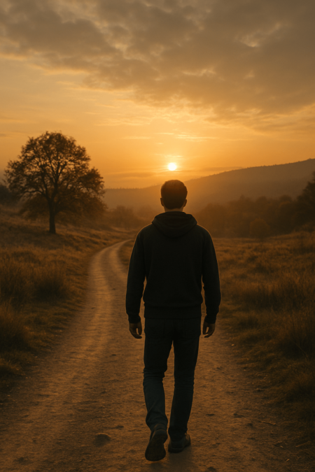 A solitary man walks along a dirt road at sunrise, heading toward the glowing horizon, representing the journey of starting over with hope and clarity.