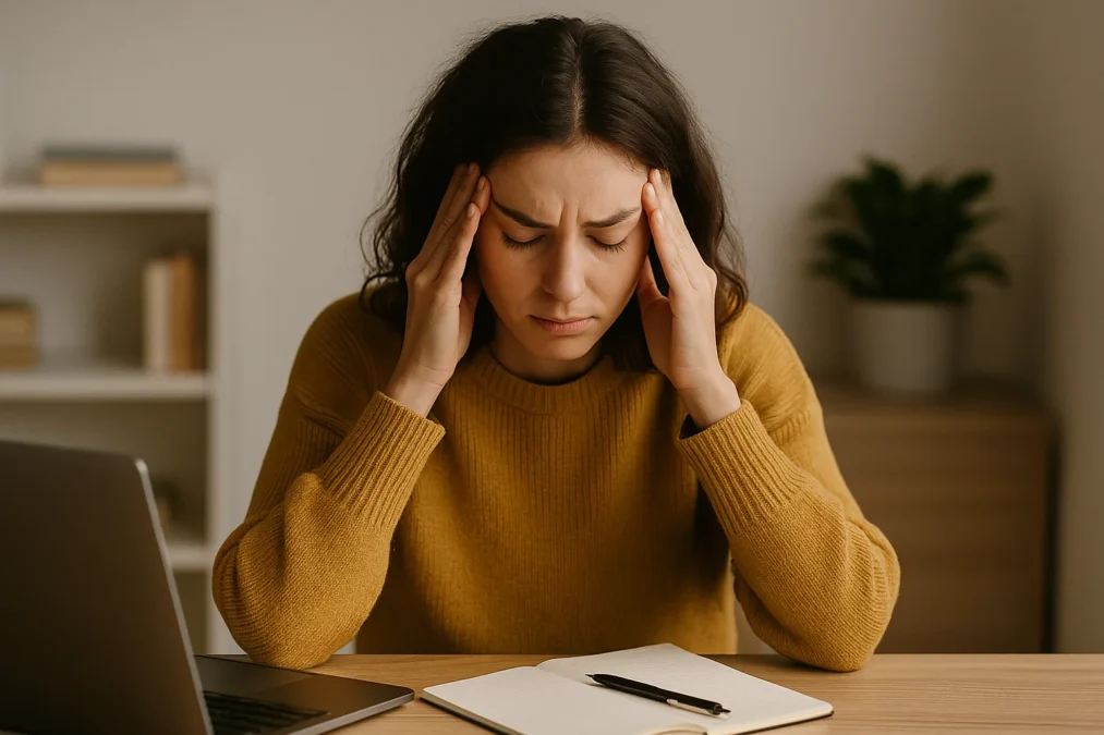 A young woman in a mustard-yellow sweater sits at a desk with her eyes closed and hands on her temples, visibly overwhelmed and mentally drained, surrounded by a laptop and a notepad in a calm, softly lit room.