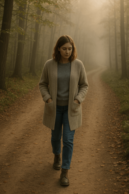 A young woman walks alone on a foggy forest path at sunrise, wearing a beige cardigan and faded jeans. Her head is slightly bowed in reflection as golden light filters through the misty trees around her, creating a calm and introspective mood.