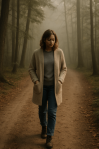 A young woman walks alone down a foggy forest path in the early morning, wearing a beige cardigan and jeans. Her hands are in her pockets, and her expression is calm but reflective, capturing a quiet moment of personal transition and emotional clarity. How I Let Go of Who I Was Supposed to Be β And Finally Started Living Again
