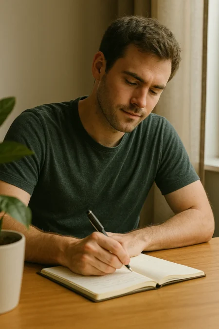A young man in his twenties, quietly focused as he writes in a notebook near a window, with warm daylight and a plant beside him — reflecting a moment of calm and clarity during personal growth.