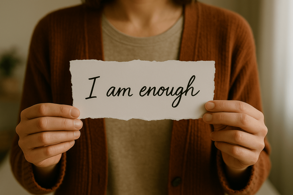 Close-up of a person holding a torn piece of paper with the handwritten words 'I am enough,' symbolizing self-acceptance, inner healing, and personal empowerment.
