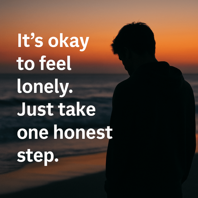 A silhouette of a person stands alone on a quiet beach at sunset, looking downward in a reflective posture. The sky is painted with warm orange and purple hues, and gentle waves touch the shore. Text on the left reads: “It’s okay to feel lonely. Just take one honest step,” offering a sense of hope and gentle encouragement.