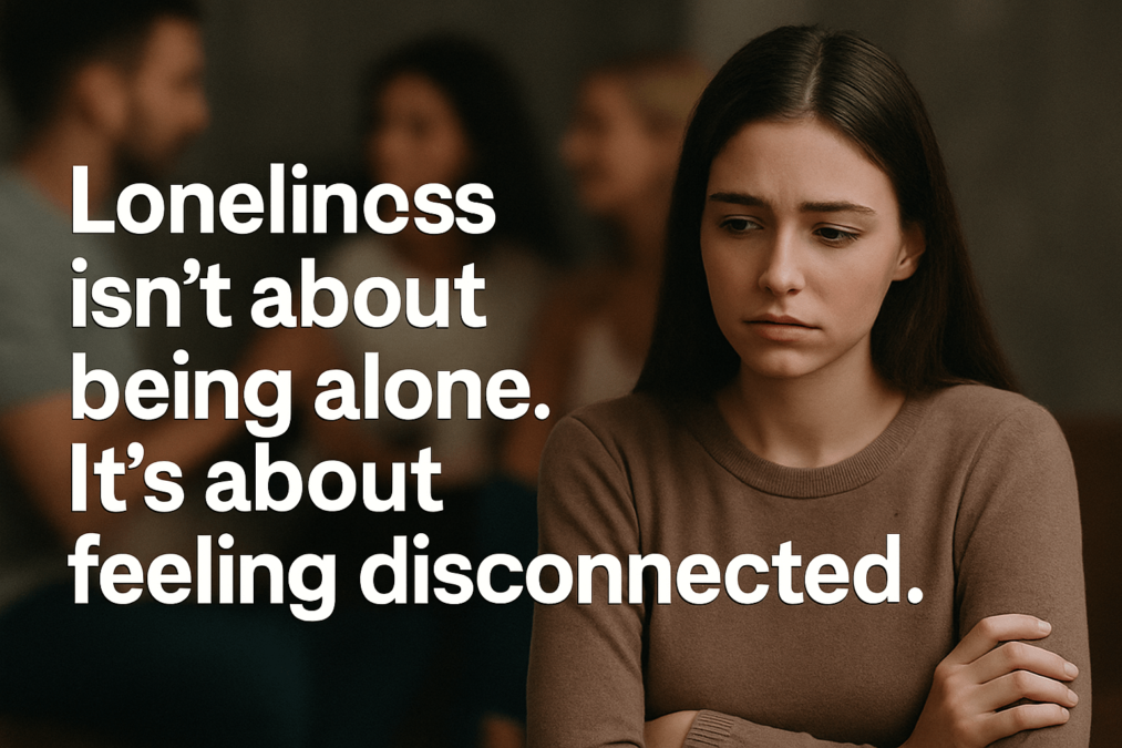 A young woman stands slightly apart from a group of people in the background, looking withdrawn and distant. The group behind her is laughing and talking, blurred to highlight her isolation. Bold white text on the left reads: “Loneliness isn’t about being alone. It’s about feeling disconnected,” emphasizing the emotional disconnection despite being surrounded by others.