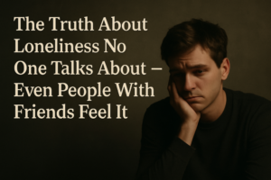 A young man sits with a sad, distant expression on his face, resting his cheek on his hand. The background is dark and muted, emphasizing his isolation. Bold text on the left reads: The Truth About Loneliness No One Talks About — Even People With Friends Feel It