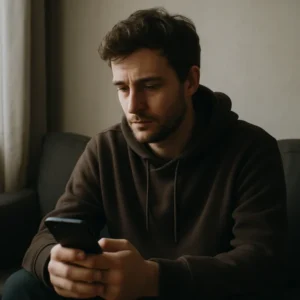 The Loneliness I Never Admitted A young man in a dark hoodie sits alone on a sofa, looking thoughtfully at his phone. Soft natural light filters through a nearby window, highlighting his serious expression in a quiet, introspective moment.