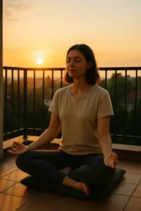 How I Started Meditating Without Any App Woman meditating at sunrise on a balcony with eyes closed, no phone or device in sight
