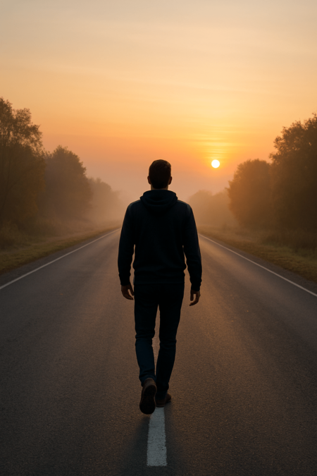A man walking down a quiet road at sunrise — symbolizing clarity, change, and new beginnings