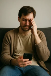 Addicted to Distraction A young man sitting on a sofa, looking tense and overwhelmed as he holds a smartphone, covering part of his face with his hand — symbolizing emotional fatigue from digital distraction.