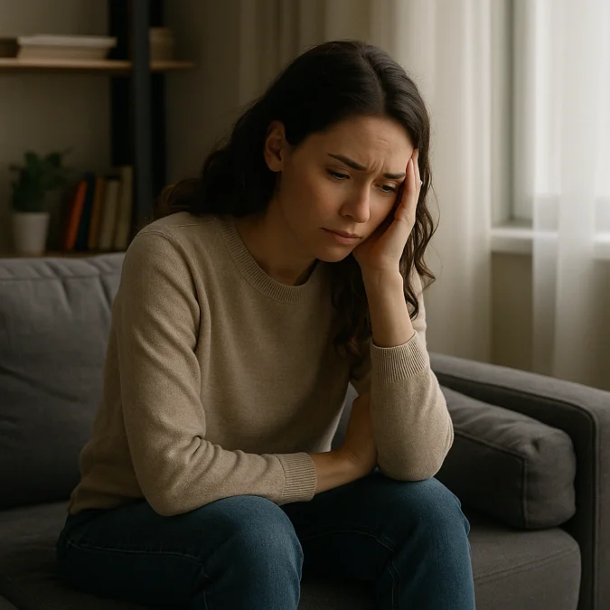 A young woman sitting on a gray sofa, resting her head on her hand with a tired, thoughtful expression, symbolizing emotional exhaustion from people pleasing and the quiet moment of realizing something needs to change."