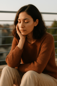 A young woman in a rust sweater sits quietly outdoors with her eyes closed, resting her face in her hand, lost in peaceful reflection I Spent Years Waiting for Happiness β Then I Stopped Searching