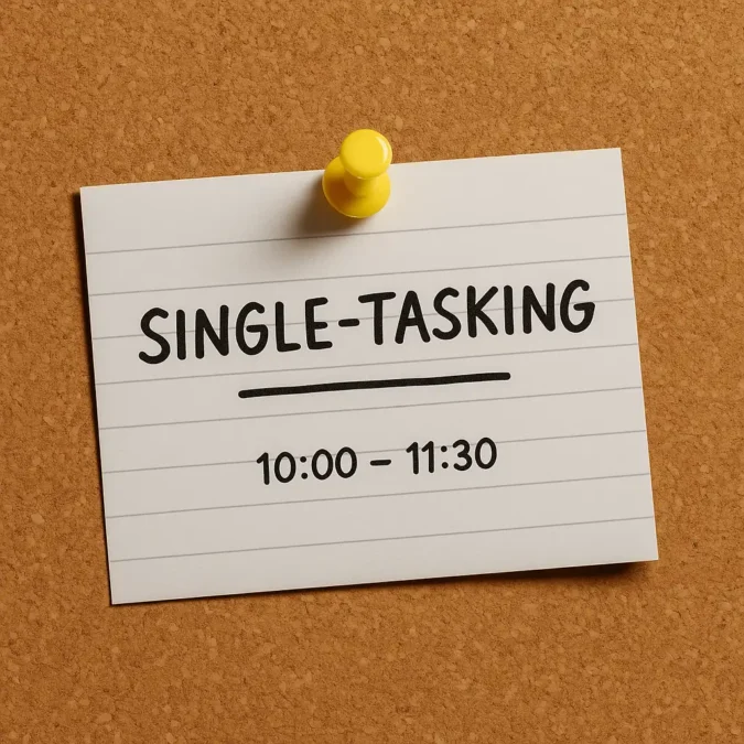 Why I Stopped Multitasking
A white index card pinned to a cork bulletin board with a yellow pushpin, displaying the word “SINGLE-TASKING” and the time slot “10:00 – 11:30” in bold black letters.