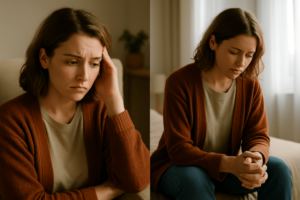 A young woman sitting quietly indoors with a sad, thoughtful expression, reflecting feelings of self-doubt, overthinking, and emotional exhaustion — representing the struggle of not feeling enough. How I Finally Started Believing I Was Enough