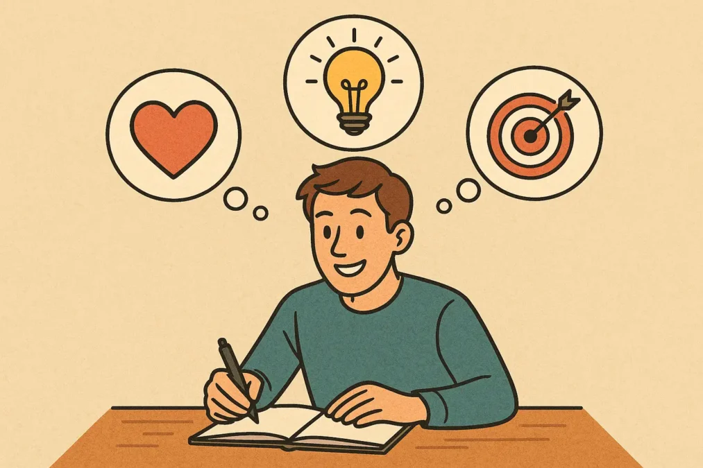 A cheerful young man journaling at a table, surrounded by thought bubbles showing a heart, a light bulb, and a target with a bullseye — symbolizing self-love, new ideas, and focus after mindset change.