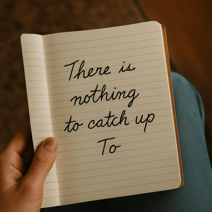 A person holds an open notebook in their lap with handwritten words that read, “There is nothing to catch up to,” against a soft, cozy background with warm tones and relaxed atmosphere.