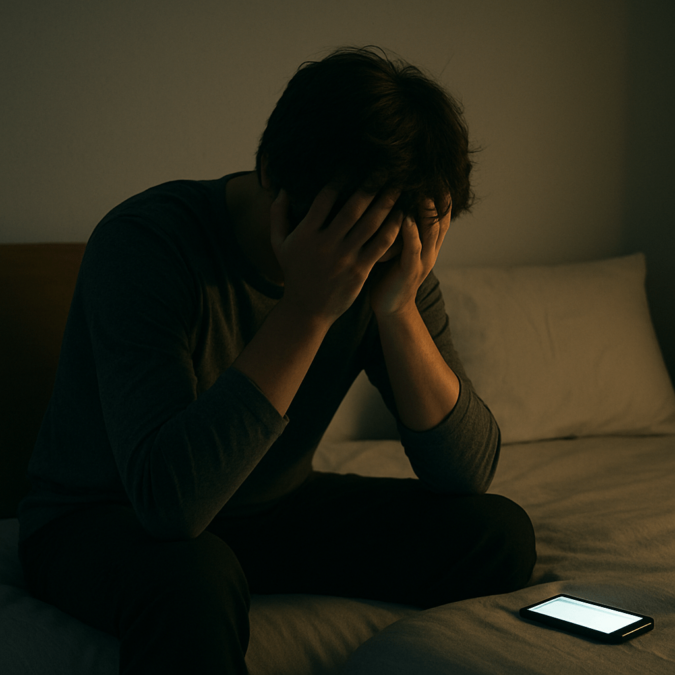 A person sitting alone on their bed at night with their face buried in their hands, dim light from a phone glowing beside them — showing quiet emotional exhaustion and hidden pain.