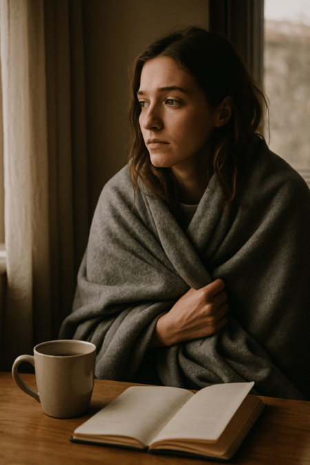 A young woman wrapped in a soft grey blanket sits quietly at a wooden table, gazing out the window with a tired, reflective look. An open notebook and a warm mug rest in front of her, capturing a moment of emotional stillness and quiet thought.