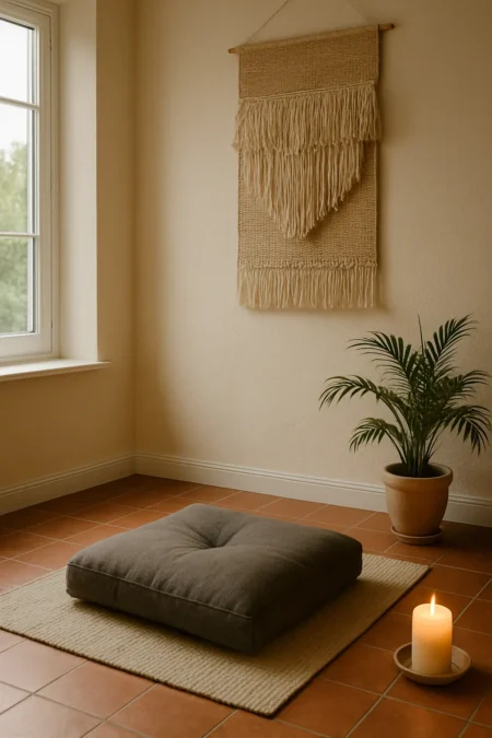 How I Started Meditating Without Any App Cozy indoor meditation corner with a floor cushion, candle, potted plant, and natural light from a window
