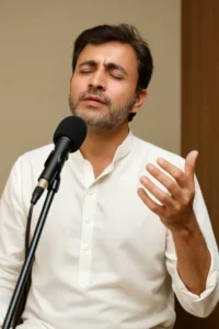 A soulful moment from “From IAS to Viral Singer: The Unbelievable Journey of Kashish Mittal” — a middle-aged South Asian man in a white kurta sings with eyes closed, hand raised near the mic, capturing the emotional shift from civil service to music.