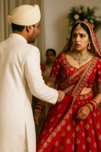 A tense wedding moment from “Mumbai Groom Tears ₹32K Bridal Lehenga with a Knife — What Really Happened?” shows a shocked bride in a red embroidered lehenga facing the groom, who holds a knife near the torn fabric — capturing the emotional intensity behind the viral video.