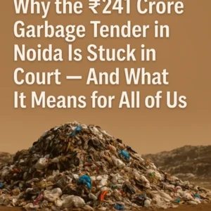 Garbage pile under orange sky with headline text: Why the ₹241 Crore Garbage Tender in Noida Is Stuck in Court — And What It Means for All of Us