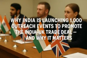 India and UK flags on a conference table with headline text: Why India Is Launching 1,000 Outreach Events to Promote the India‑UK Trade Deal — And Why It Matters