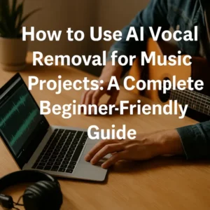A person using a laptop with audio editing software and a guitar nearby, illustrating the process described in the guide titled “How to Use AI Vocal Removal for Music Projects