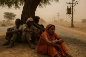 Indias Brutal Heatwave Pushes Power Demand to Record High — People sit exhausted under a tree on a dry roadside during extreme summer heat in rural India, with cracked roads and an electric pole in the background