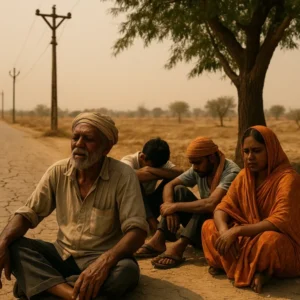Indias Brutal Heatwave Pushes Power Demand to Record High — Exhausted villagers sit under a tree on a cracked rural road during intense summer heat, as dry fields and power poles fade into a scorching haze