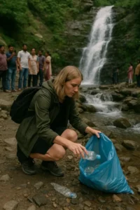 A foreign woman in hiking gear picks up plastic bottles near a scenic waterfall in Himachal Pradesh, while a group of Indian tourists watch silently from a distance — reflecting the moment described in “When a Foreigner Picked Up Our Trash — And Taught Us a Lesson We Forgot.”