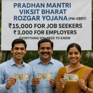 Three smiling Indian individuals proudly hold ₹500 notes in front of a banner displaying details of the Pradhan Mantri Viksit Bharat Rozgar Yojana (PM-VBRY), which promises ₹15,000 for job seekers and ₹3,000 for employers — symbolizing financial empowerment through formal employment.