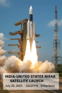 India-US NISAR Satellite Launch captured during lift-off from Sriharikota on July 30, 2025, showing the GSLV-F16 rocket with NASA and ISRO logos, trailing flames and smoke against a clear sky—symbolizing a major milestone in Earth monitoring and climate resilience.