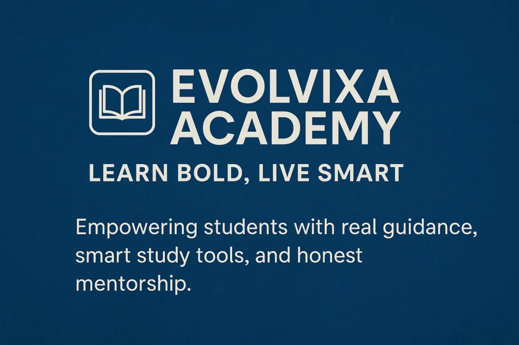 Evolvixa Academy logo and tagline on a blue background, promoting free study resources and honest mentorship for students.