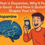 Engaging infographic showing a smiling man looking at his phone with a dopamine molecule over a human brain, illustrating “What is Dopamine Why It Feels So Good – And How It Quietly Shapes Your Life.”