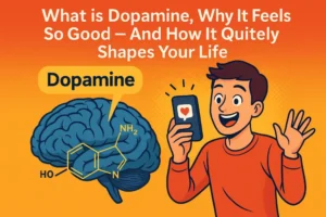 Engaging infographic showing a smiling man looking at his phone with a dopamine molecule over a human brain, illustrating “What is Dopamine Why It Feels So Good – And How It Quietly Shapes Your Life.”