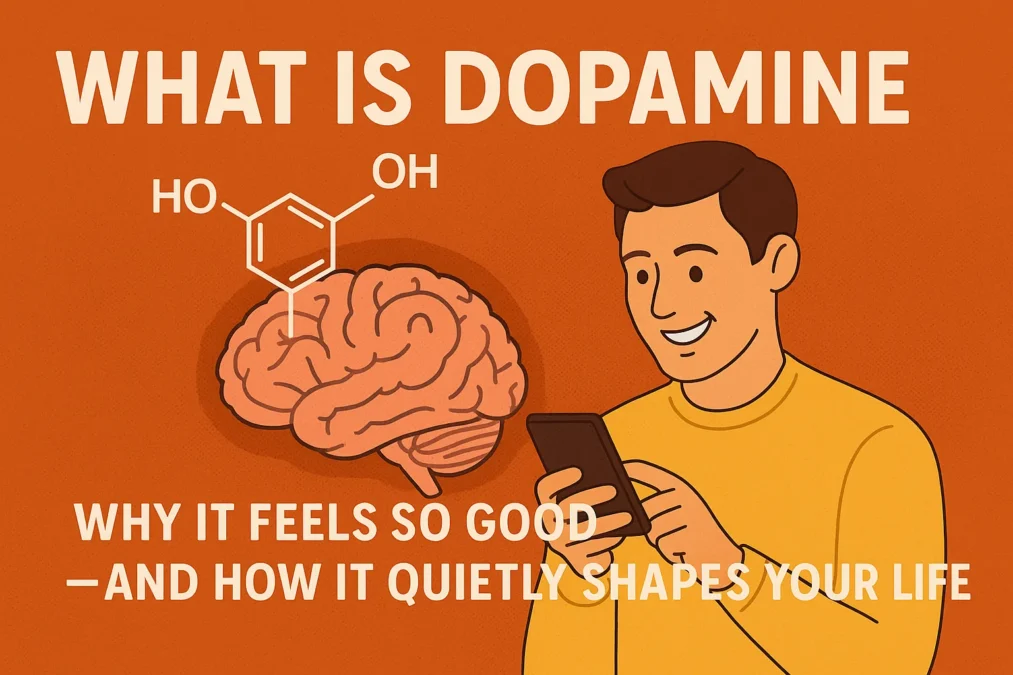 Engaging 2D illustration showing a man looking at his phone with a dopamine molecule over a brain, visualizing “What is Dopamine Why It Feels So Good – And How It Quietly Shapes Your Life.”