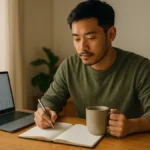 A young man calmly tracking finances with a notebook and budget app on his laptop, representing the concept behind “Slow Wealth: How Smart Budgeting and Micro-Investing Build Real Long-Term Security.”