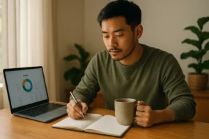 A young man calmly tracking finances with a notebook and budget app on his laptop, representing the concept behind “Slow Wealth: How Smart Budgeting and Micro-Investing Build Real Long-Term Security.”