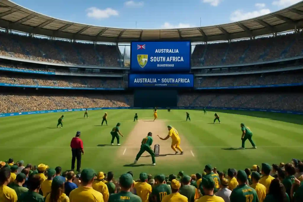 Wide-angle view of the Australia vs South Africa 3rd ODI 2025 in a packed stadium. Australian batsman in yellow faces a South African bowler in green, with fielders surrounding and a giant scoreboard displaying the match details in the background. Fans in yellow and green fill the stands, creating an electric cricket atmosphere.