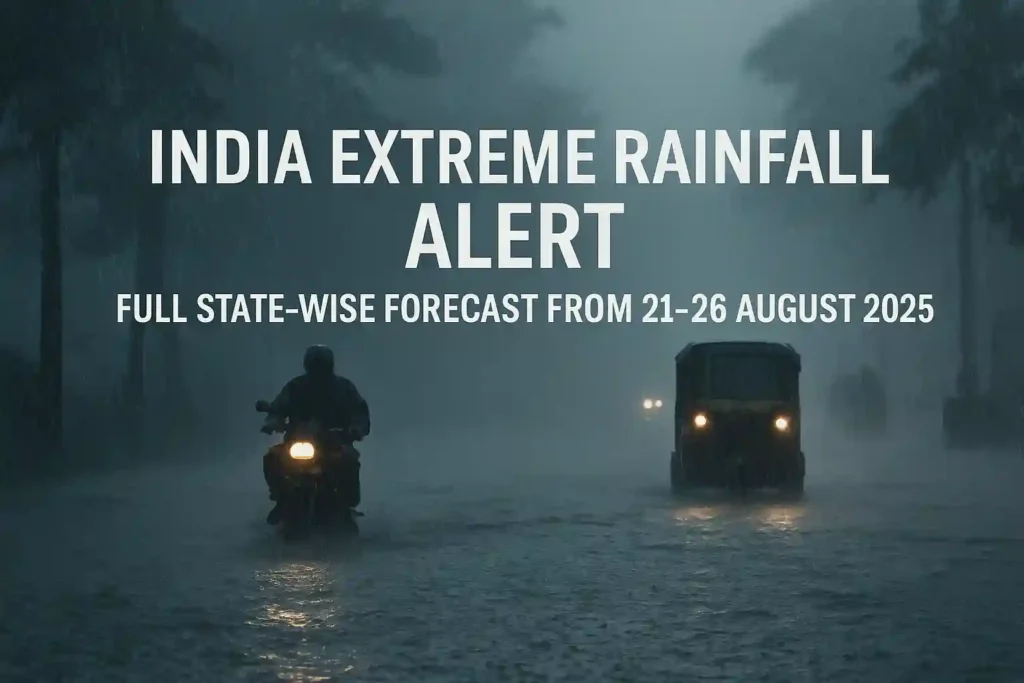 Dark and stormy flooded street in India during extreme rainfall, with a motorcyclist and an auto-rickshaw struggling through rising water. Bold text overlay reads ‘India Extreme Rainfall Alert – Full State-Wise Forecast from 21–26 August 2025