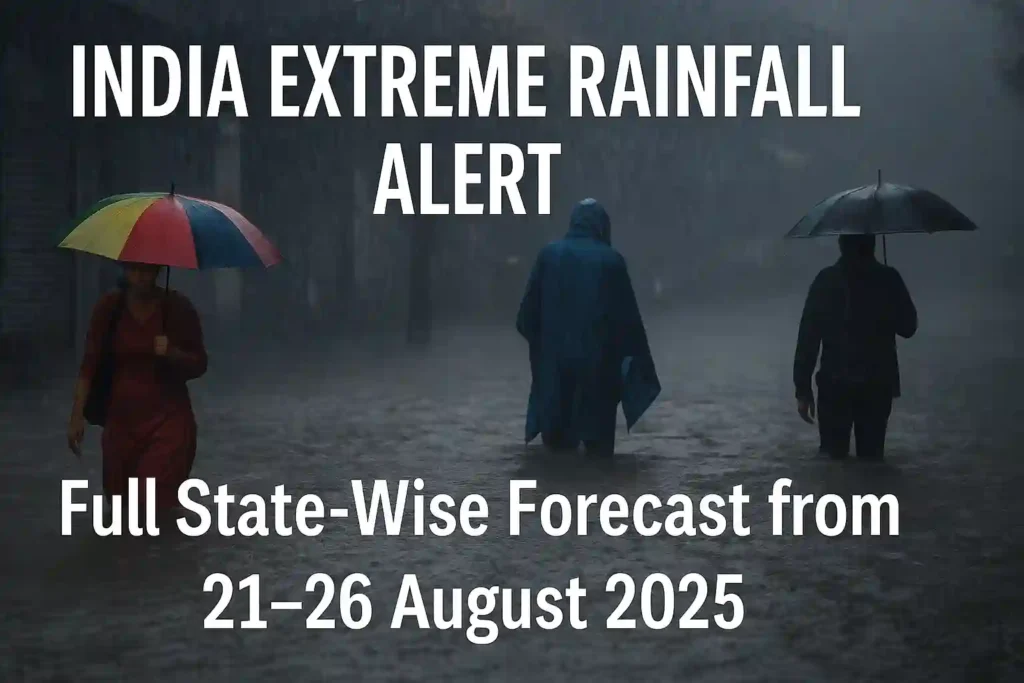 People walking through a flooded street in India during heavy monsoon rainfall — one with a colorful umbrella, another in a raincoat, and one with a black umbrella. Bold text overlay reads: ‘India Extreme Rainfall Alert – Full State-Wise Forecast from 21–26 August 2025