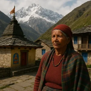 The Village That Dont Worship Hanuman an elderly woman in Dronagiri, Uttarakhand, standing near a mountain temple with snow-capped peaks in the background, reflecting unique cultural traditions.