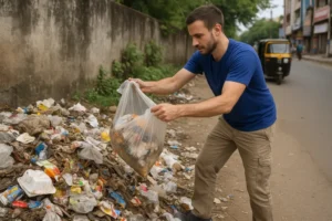 A Serbian resident wearing a blue T-shirt and beige pants cleans a large pile of month-old trash along an Indian street, filling a plastic bag with waste — Serbian Resident Cleans Month-Old Trash — And Leaves India Asking Tough Questions