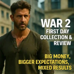 Hrithik Roshan in a rugged green shirt, standing against an urban backdrop, with bold white and yellow text reading “War 2 First Day Collection & Review – Big Money, Bigger Expectations, Mixed Results.”