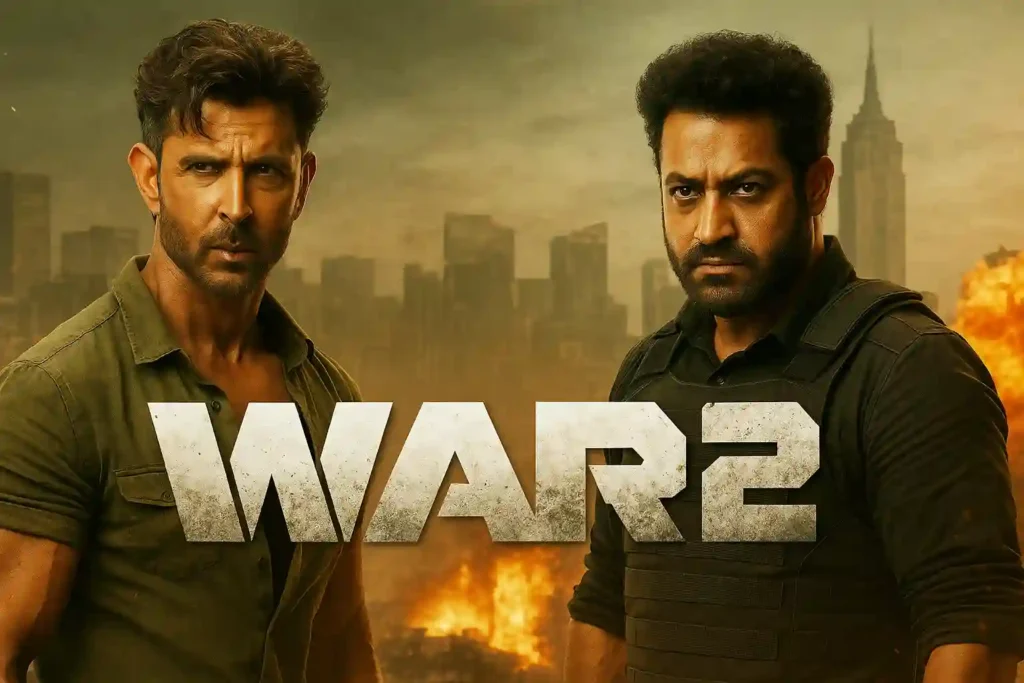 Cinematic poster for "War 2" featuring Hrithik Roshan and Jr. NTR in intense close-up portraits against a fiery, war-torn city skyline, with bold metallic text reading "WAR 2" at the center.